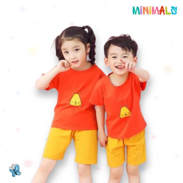 Orange With Yellow Cat Printed Short Sleeve Kids Wear
