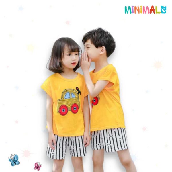 Yellow Car Printed Kids Short Sleeve Kids Wear